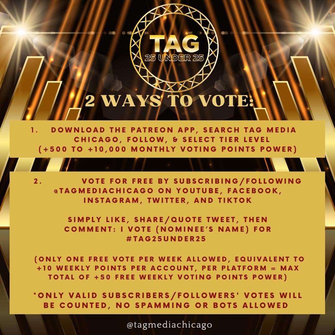 tagmediachicago's tweet photo. ✨The Filipino-American community here in Chicago proudly presents our most prestigious batch of awards yet, introducing #TAG25Under25 honoring the movers and shakers of this generation. 

The first 100 days of 2023 (January 1 to April 10 nomination period) just revealed your TOP 100 Official Finalists, TAG Fam! 🎉 Congratulations, as you’ve made the cut, #DonnyPangilinan  @donnypangilinan 

Voting lines are now OFFICIALLY OPEN. 25% Social Media Votes + 25% Jury Votes + 50% Patreon Votes will help determine this year’s Top 25 batch of #TAG25Under25 plaque awardees + a special feature on our first ever BILLBOARD in the heart of Chicago, IL USA 🇺🇸 This year’s award recipients will be recognized on December 2023, alongside other esteemed champions of our annual #TAGAwardsChicago 

📣 You may now accelerate your VPP (Voting Points Power) through https://t.co/dI7856TO2p to support your fave celebrity idols, icons, & influencers. Twenty-five (25) weeks of voting period will run from April 15 to October 7, with weekly announcements of current hot picks. 

In alphabetical order, here’s your #TAG25Under25 Top 100 Official Finalists: https://t.co/1eC4is8L69

Disclaimer: This promotion is in no way sponsored, endorsed, administered by, or associated with Facebook, Instagram, YouTube, TikTok, or Twitter.