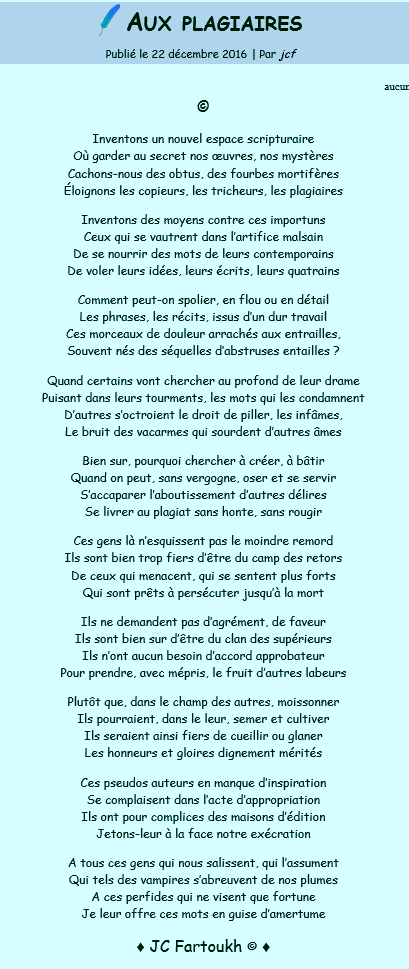 les_ecrits_fr's tweet photo. Aux #plagiaires JC.#Fartoukh
#Inventons un #nouvel #espace #scripturaire
Où #garder au #secret nos #œuvres, nos #mystères
#Cachons-nous des #obtus, des #fourbes …
#Cliquez=>https://t.co/JEfnMqFK1p
#lesecrits #Écrits #Poème #Poésie #AuxPlagiaires
#Suite=>https://t.co/4AsvRU43Xh https://t.co/9wJZ84Ki3m