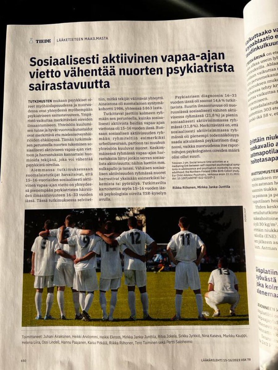 Uusin lääkärilehti nostaa yhteisöllisyyden ja yhdessä liikkumisen nuorten psyykkisen hyvinvoinnin edistäjänä. Mielenterveyskriisi on ratkaistavissa <a href="/helsinki/">Helsingin kaupunki</a> #nuortenhyvinvointi #mielenterveys