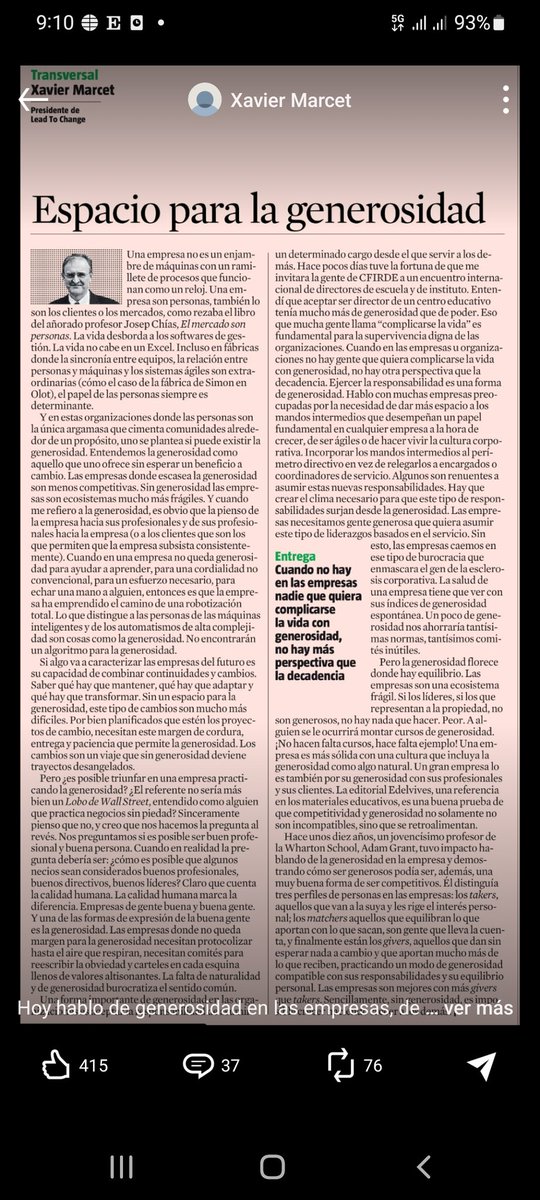 👩‍💻 Buena persona vs Buen profesional
🔛 Continuidad vs Cambio
🎁 Givers vs Takers
👉 La generosidad como clave empresarial

Gracias <a href="/XavierMarcet/">Xavier Marcet</a> por una reflexión tan interesante y generosa
