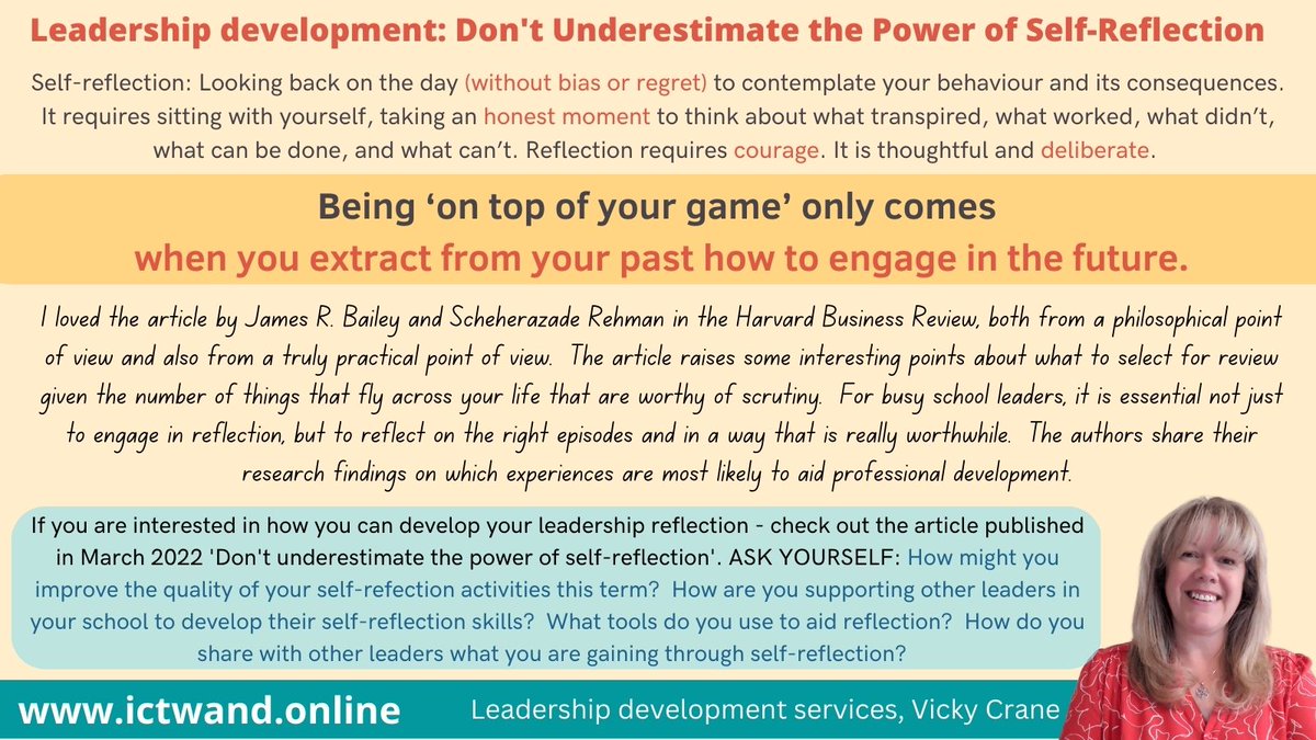 vicky_crane's tweet photo. Primary leaders interested in how to grow self-reflection skills may find the ideas and links in @ProfJamesBailey article in the Harvard Business Review practical and thoughtful. https://t.co/YXjE9XEFTl

#edutwitter #SLTchat #educhat #ukedchat #primary https://t.co/H1nzuGuPZZ