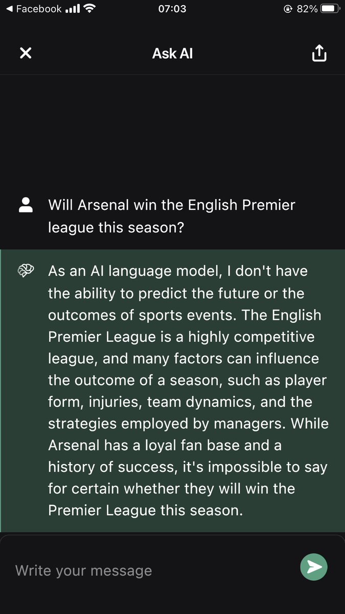 WinstarO's tweet photo. #ChatGPT has no idea whether #Arsenal stand a chance despite their formidable season. Congratulations #ManchesterCity in advance! 🫡 https://t.co/8J0jadz6hc