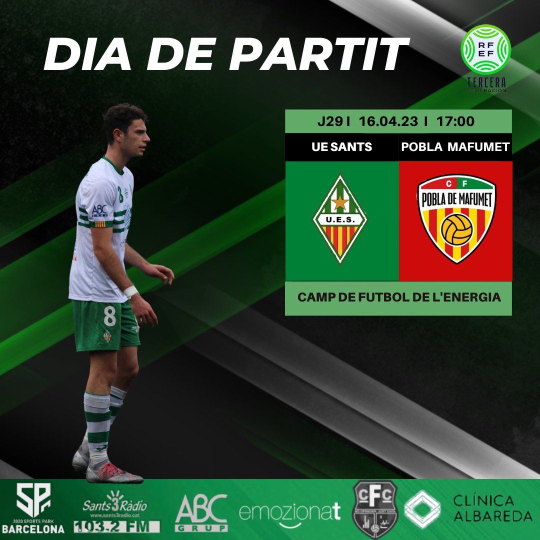 uesants's tweet photo. DIA DE PARTIT

🏆 #3RFEF J29
🆚 @cfpoblamafumet
📅 Diumenge 16 d'abril
⌚️ 17:00
🏟️ Camp de Futbol de l' Energia
🎟️ Entrada gratuïta

#orgullsantsenc⚪🟢 https://t.co/ias1argERJ