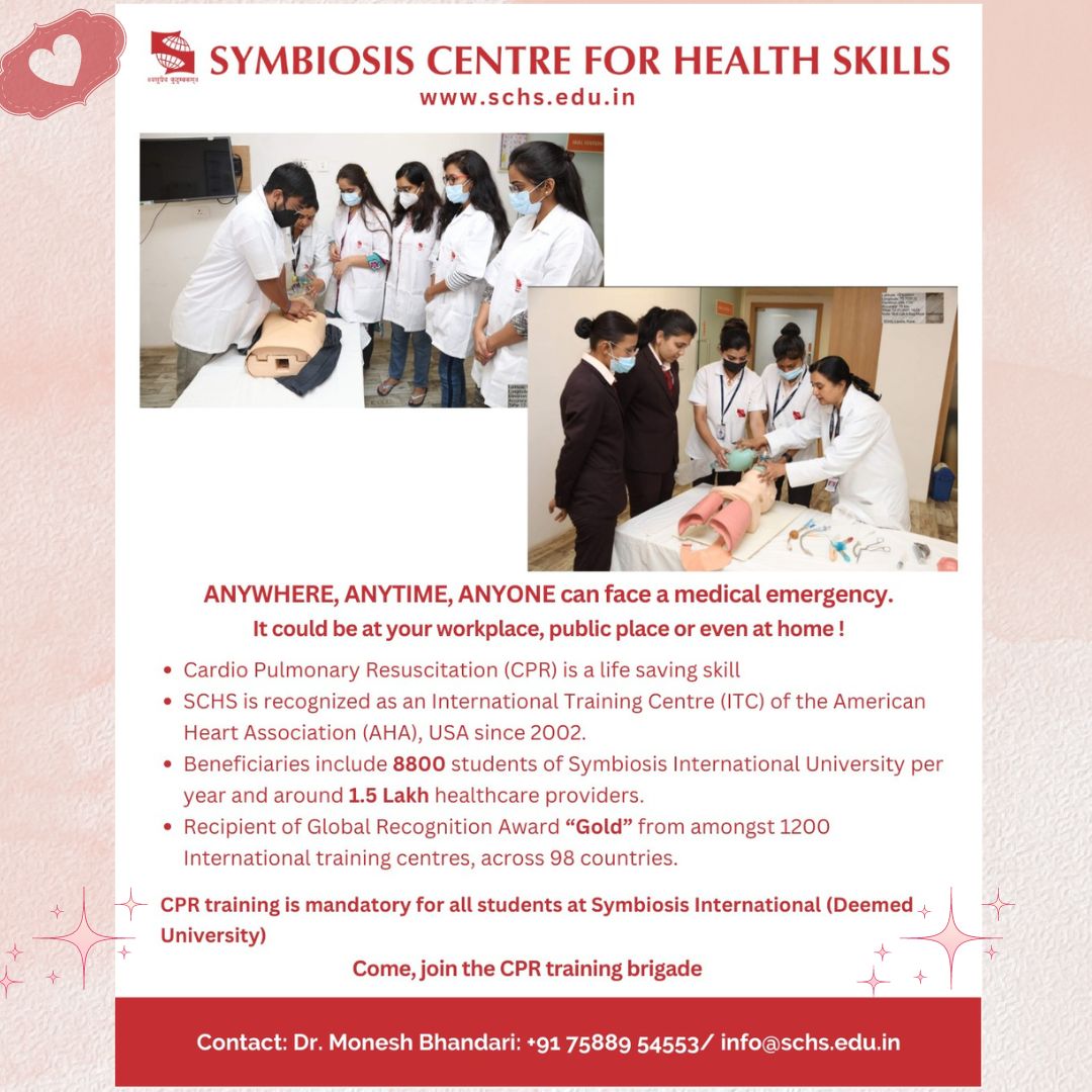 Kudos  to Symbiosis Center for Health Skills for taking the initiative to make CPR training compulsory!' Let's remember, it takes no effort to do good and learn life-saving skills. 
#CPRSavesLives #CompulsoryCPRTraining #ProactiveSafety #HealthSkills #SpreadAwareness