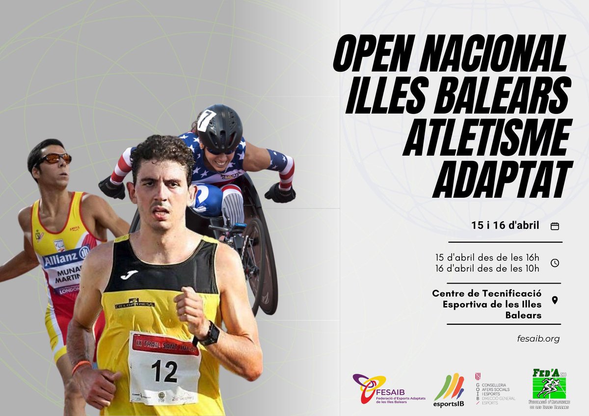 FESAIB's tweet photo. Aquest dissabte comença l'Open Nacional Illes Balears Atletisme Adaptat
La competició seran els dies 15 i 16 d'abril
L´hora de començament el 15 d´abril des de les 16h i 16 d'abril des de les 10h
Se celebrarà al Centre de Tecnificació Esportiva de les Illes Balears
.
.
#fesaib https://t.co/8FRm11lQ3L