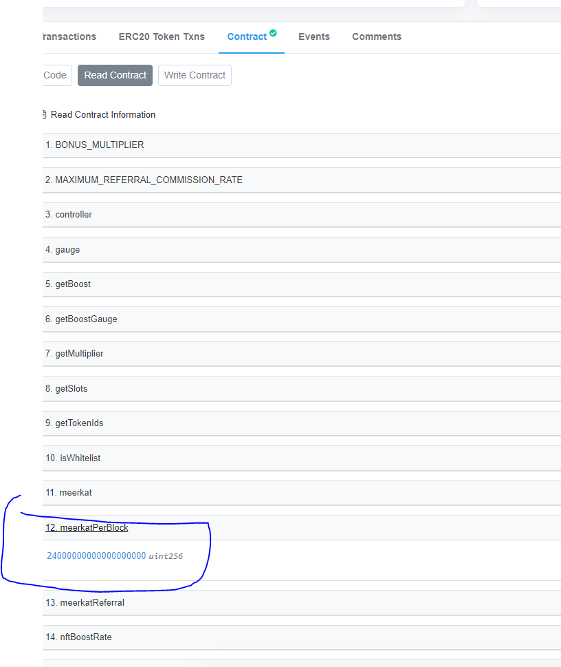 dodlnaut's tweet photo. @0xKofi ii) the emissions per block can be found in this function called 'meerkatPerBlock' , and is currently at 24000000000000000000 per block.

iii) i want to track when the emissions has been 'updated' and changed, but i dont think this change will emit an event ? or maybe it does? https://t.co/MDpInwo2GQ