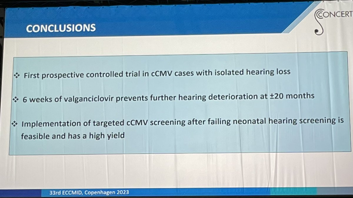 #ECCMID2023 CONCERT trial for congenital CMV, most common inf. cause of hearing loss. Non-randomised small study but babies given 6 weeks of valgan did better than controls who had worse hearing - will be hard to recruit future placebo arms. <a href="/sung_valerie/">Valerie Sung</a> <a href="/gabhaeusler/">Gabrielle Haeusler</a> <a href="/NCICancer/">NCIC</a>
