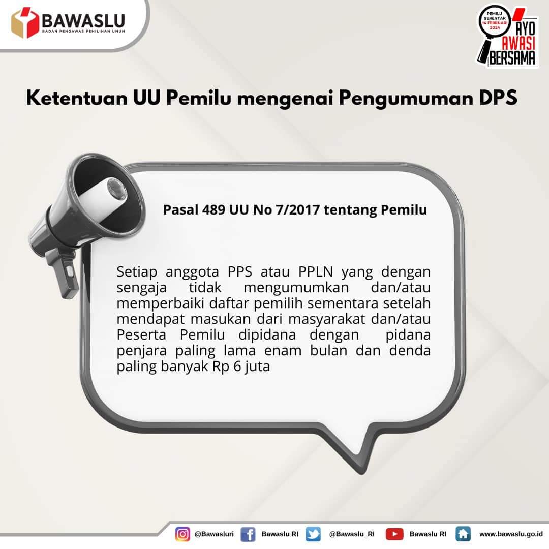 Repost Bawaslu RI 
#SahabatBawaslu, ayo awasi pengumuman
Daftar Pemilih Sementara (DPS) !
Laporkan ke pengawas pemilu terdekat apabila memenuhi syarat pemilih namun tidak tercantum di DPS atau apabila PPS tidak melakukan perbaikan setelah melakukan perbaikan.

#AyoAwasiBersama