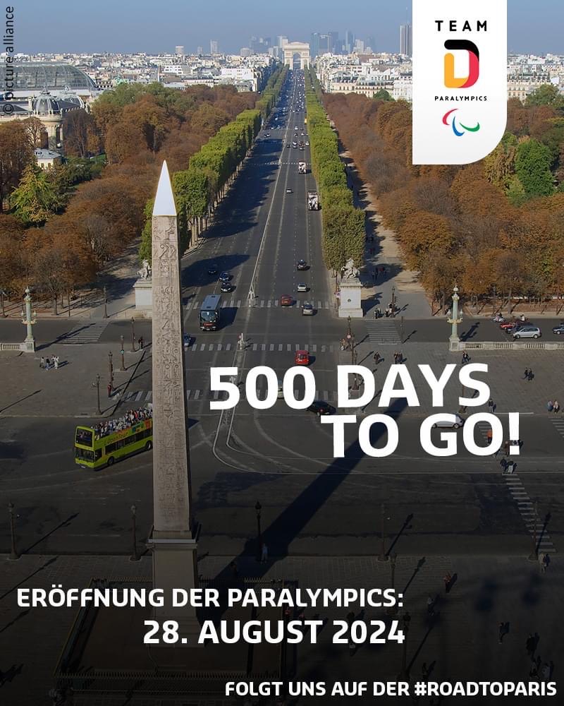 Heute in 5⃣0⃣0⃣ Tagen ist es so weit - voller Vorfreude und Motivation blicken wir dem 28. August 2024 entgegen.🥳Wir können es kaum erwarten, dass unser #TeamDParalympics in #Paris2024 die Eröffnungsfeier für die <a href="/Paralympics/">Paralympic Games</a> an diesem wunderbaren Ort erleben darf. #RoadtoParis