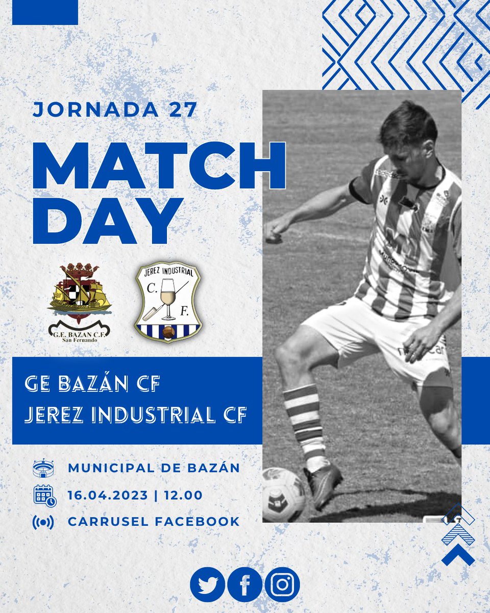 JerezInd_CF's tweet photo. ¡Buenos dias Industrialistas! 💙🤍

¡HOY JUEGA EL JEREZ INDUSTRIAL!

☑️| JORNADA 27
🗓️| Domingo 16 de Abril
🕓| 12:00 h.
🏟️| Estadio Municipal de Bazán
🆚| Grupo Empresa Bazán C.F. 

#bazanjerezindustrial

#JICF #Temp2223 #Jornada27 https://t.co/8kuz10Np6m