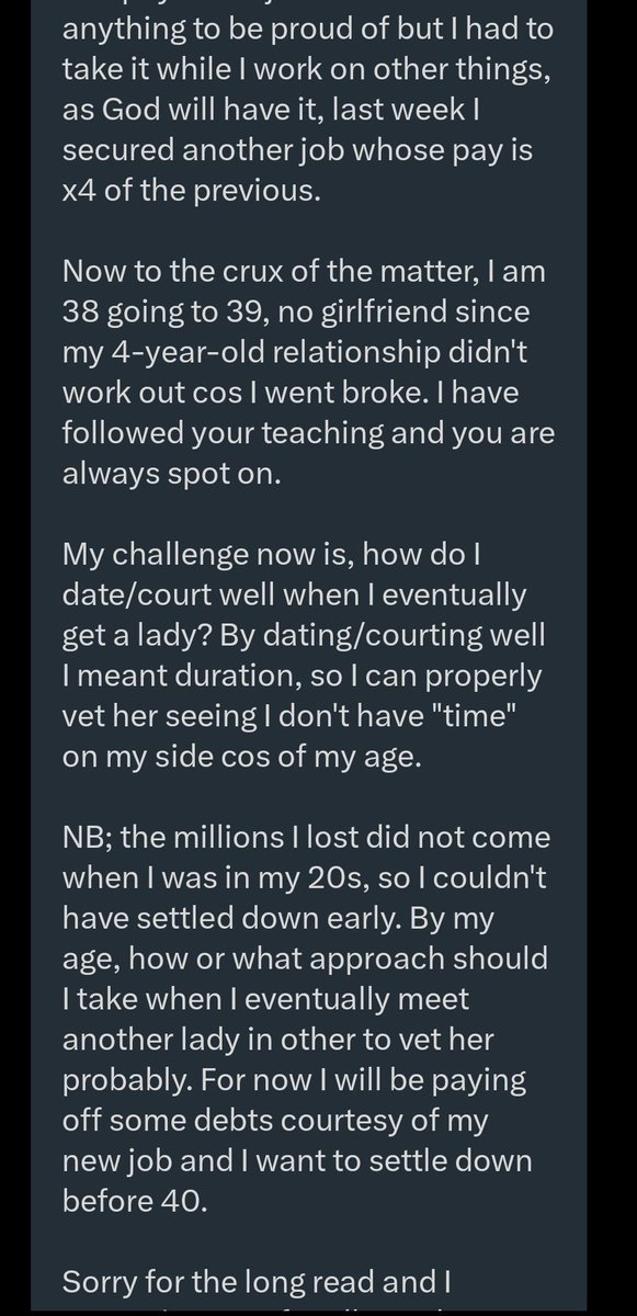 jon_d_doe's tweet photo. First, let me empathize with you for your ordeals in life.

Men fall and rise a lot of the time.

Keep the faith &amp; stay positive minded.

I'll go ahead and suggest to you, what to look out for &amp; how to go about it, taking into consideration, your age &amp; your plan to get married https://t.co/kmUIL74X8a