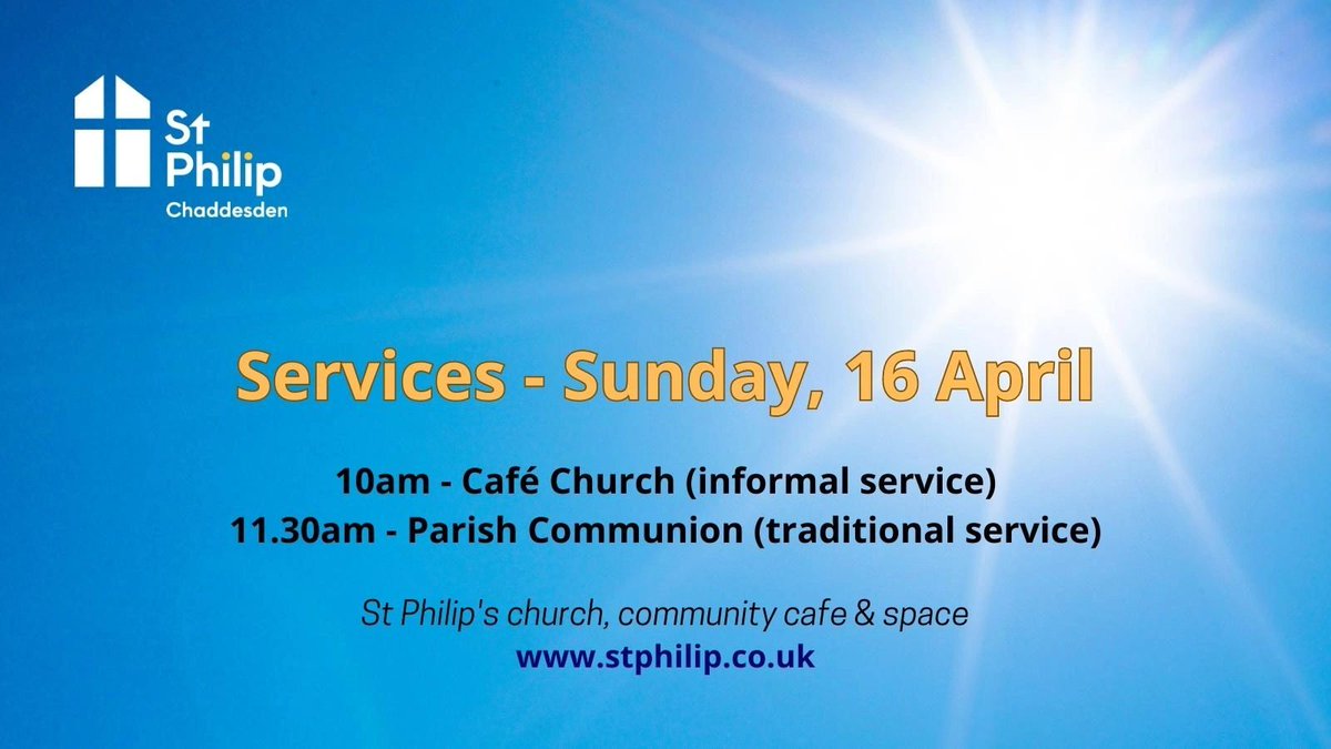 StPhilipChad's tweet photo. Worship together today, as we continue our Easter celebration. Cafe Church at 10am and Parish Communion service at 11.30am. See you there! #Chaddesden @churchofengland @DioceseofDerby

https://t.co/ndtGpGMrnm https://t.co/c2F7rxvtwY