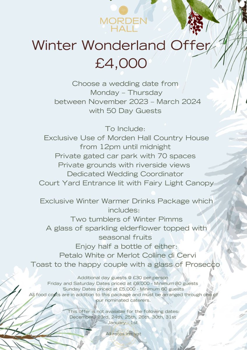 Take a look at this fantastic Winter Wonderland Wedding offer at Morden Hall.  

Available for Monday-Thursday weddings taking place between November 2023 &amp; March 2024.

ow.ly/p5eh50NAYUF

<a href="/MordenWeddings/">Morden Hall Weddings</a>

#london #londonweddingvenue #winterwedding #mordenhall