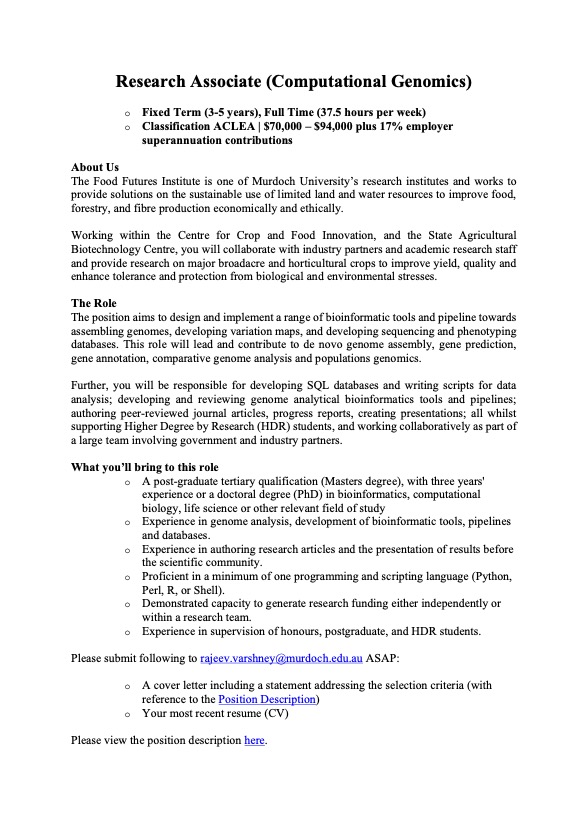 rajvarshney's tweet image. If you/ your colleague/friend in Australia have MSc with 3 years experience/or PhD in Bioinformatics/ Computational Genomics, and looking for an exciting opportunity (#ResearchAssociate #Postdoc), please contact us immediately!  Our publication available 👉shorturl.at/bjAB8