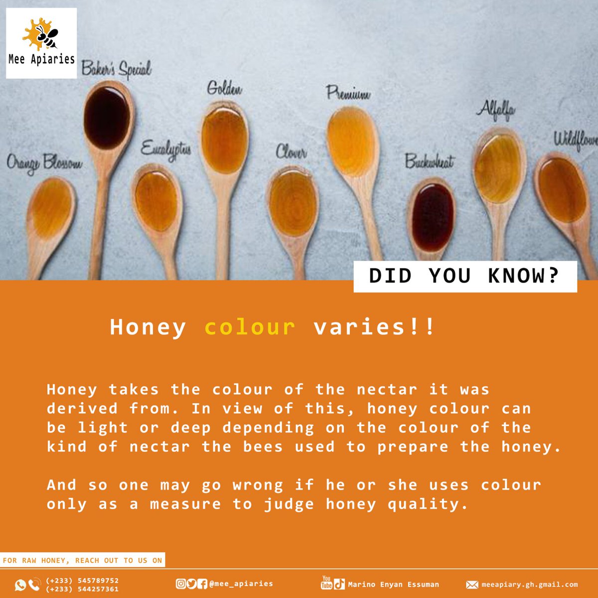 mee_apiaries's tweet photo. Just a small education here...
.
People think all great honey are dark in colour. That is not always the case. Honey can be light coloured too. Raw honey have range of colours depending the colour of the nectar source the #bees used to prepare the honey. https://t.co/XZcHXR0T9y