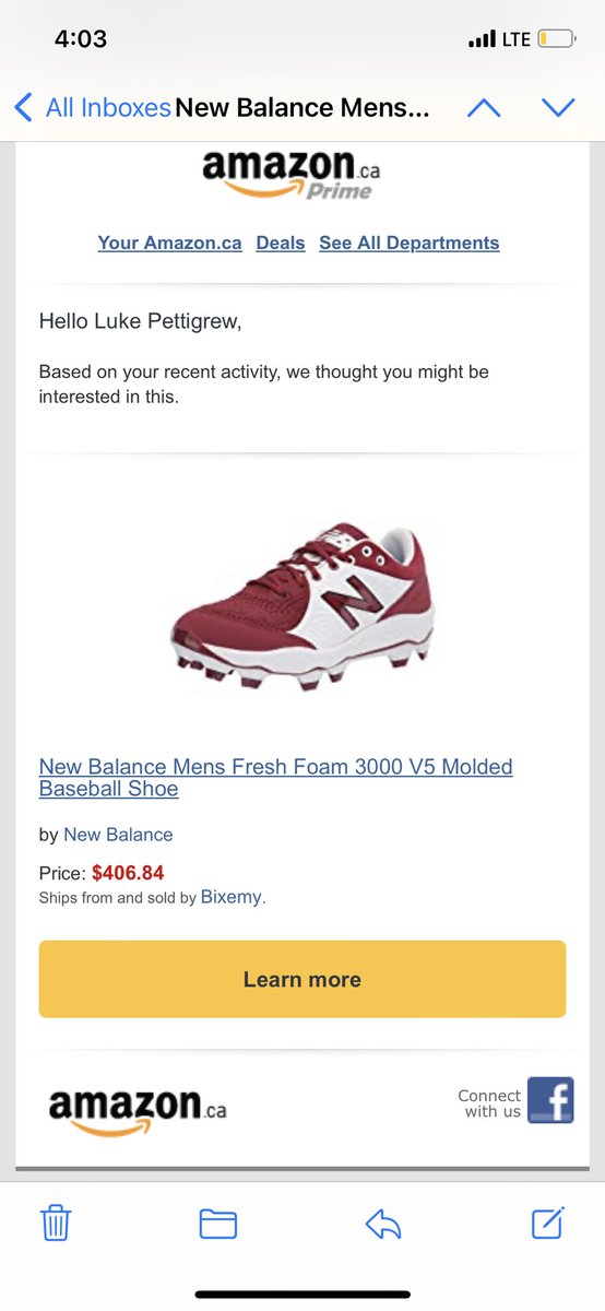 luke_pettigrew's tweet image. Thank you @amazon for this reasonably priced suggestion.  If anyone else was hoping to get @newbalance’s third best softball cleats for just over 400 dollars they have you covered
