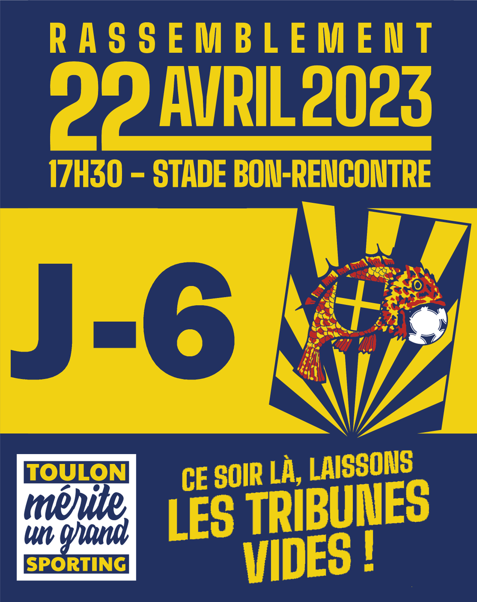 J -6 avant le rassemblement du peuple Azur et Or.
Rdv samedi 22 avril à 17h30 devant le siège du <a href="/sportingtoulon/">Sporting Club Toulon</a> ! Laissons les tribunes vide samedi prochain : <a href="/toulonmerite/">Toulon mérite un grand Sporting</a>  un grand Sporting ! Faites passer le mot.
#Le22aBR #toulonmerite #toulon #SportingClubToulon