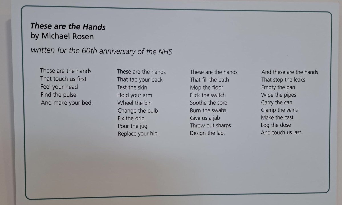 <a href="/bbclaurak/">Laura Kuenssberg</a> ‘These are the hands’ is a brilliant poem by Michael Rosen written for the 60th anniversary of the amazing NHS. It reminds us it’s people that make our NHS work and the work they carry out is incredible. They must be paid properly. Any government must ensure they are. #BBCLauraK