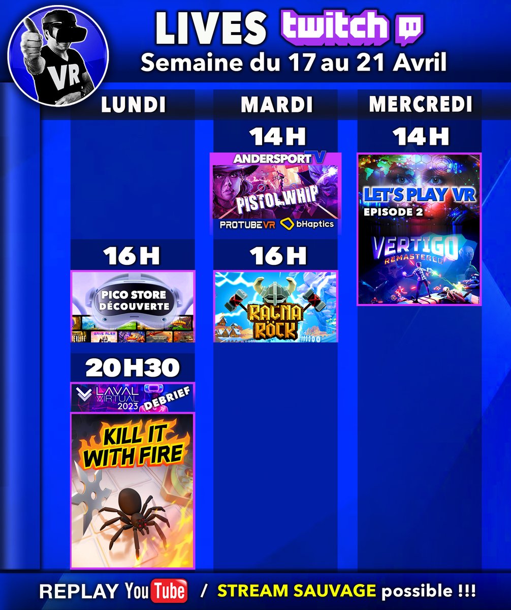 virtualgo34's tweet photo. ⏰ PLANNING du 17 au 21 AVRIL
👉 N'hésite pas à T'ABONNER
🔴 Mes réseaux : https://t.co/7Fa3N7J5zX
#VirtualReality #RéalitéVirtuelle #Twitchfr #youtube #Pico4 #MetaQuest2 #ValveIndex #vr
#KillItFireVR #lavalvirtual #pistolwhip #protube #ragnarockvr #vertigovr https://t.co/odM93Ipdiy