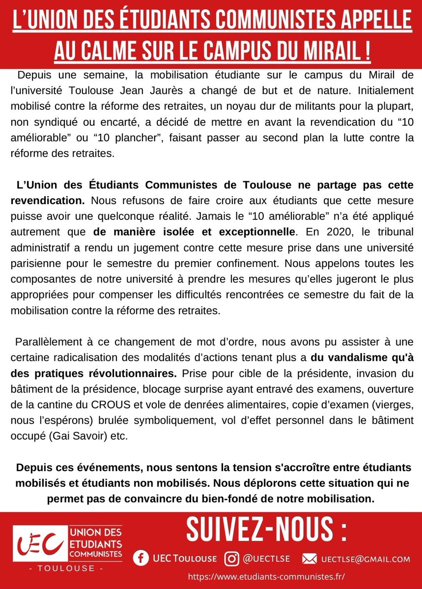 UEC_Toulouse's tweet photo. Nous appelons au calme sur le campus du mirail.
Nous ne partageons pas la revendication du 10 améliorable, nous la jugeons infaisable. 
A l'approche des partiels, la lutte doit se concentrer contre la #ReformeDesRetraites ! 
Faisons du #1erMai une journée historique ! https://t.co/JeiT8N2TRL