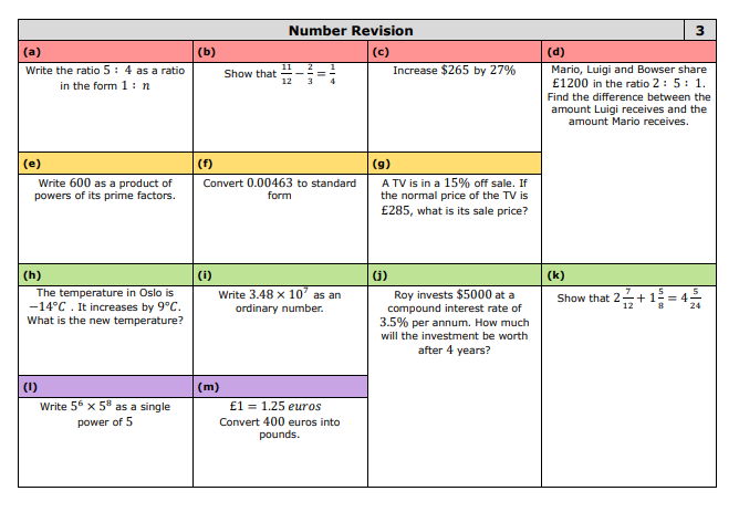 draustinmaths's tweet photo. So, I've starting making some full coverage-type revision grids for my Year 11s to use. Starting with the number topics, here are the first five grids. In theory, grids 1 to 5 go through every number topic from grades 1-9 in order of increasing difficulty. 
1/2 https://t.co/KVxjgrpaiy