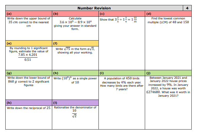 draustinmaths's tweet photo. So, I've starting making some full coverage-type revision grids for my Year 11s to use. Starting with the number topics, here are the first five grids. In theory, grids 1 to 5 go through every number topic from grades 1-9 in order of increasing difficulty. 
1/2 https://t.co/KVxjgrpaiy