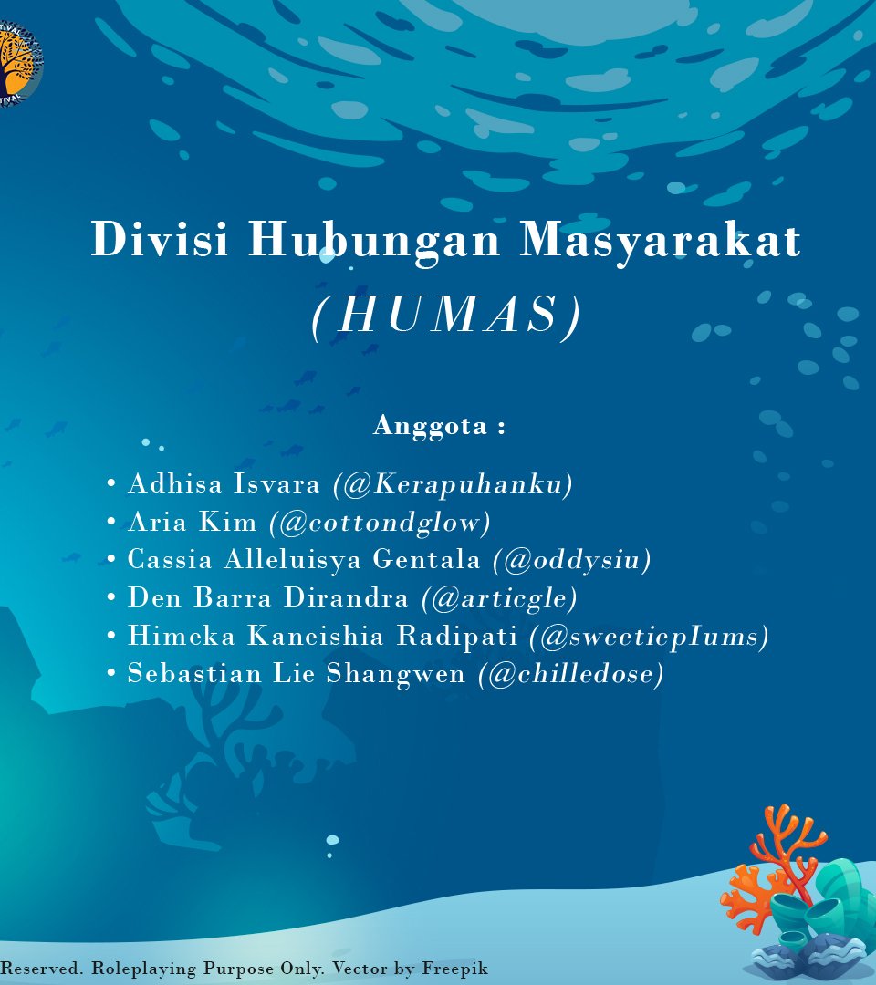 SEASTIVAL2023's tweet photo. ᅠ

ᅠ 𝗗𝗜𝗩𝗜𝗦𝗜 𝗛𝗨𝗕𝗨𝗡𝗚𝗔𝗡 𝗠𝗔𝗦𝗬𝗔𝗥𝗔𝗞𝗔𝗧 
⚘  ────────────────────────

Anggota:
4. Den Barra Dirandra (@articgle)

5. Himeka Kaneishia Radipati (@sweetiepIums)

6. Sebastian Lie Shangwen (@chilledose)

ᅠ https://t.co/Goo7tP87Kc