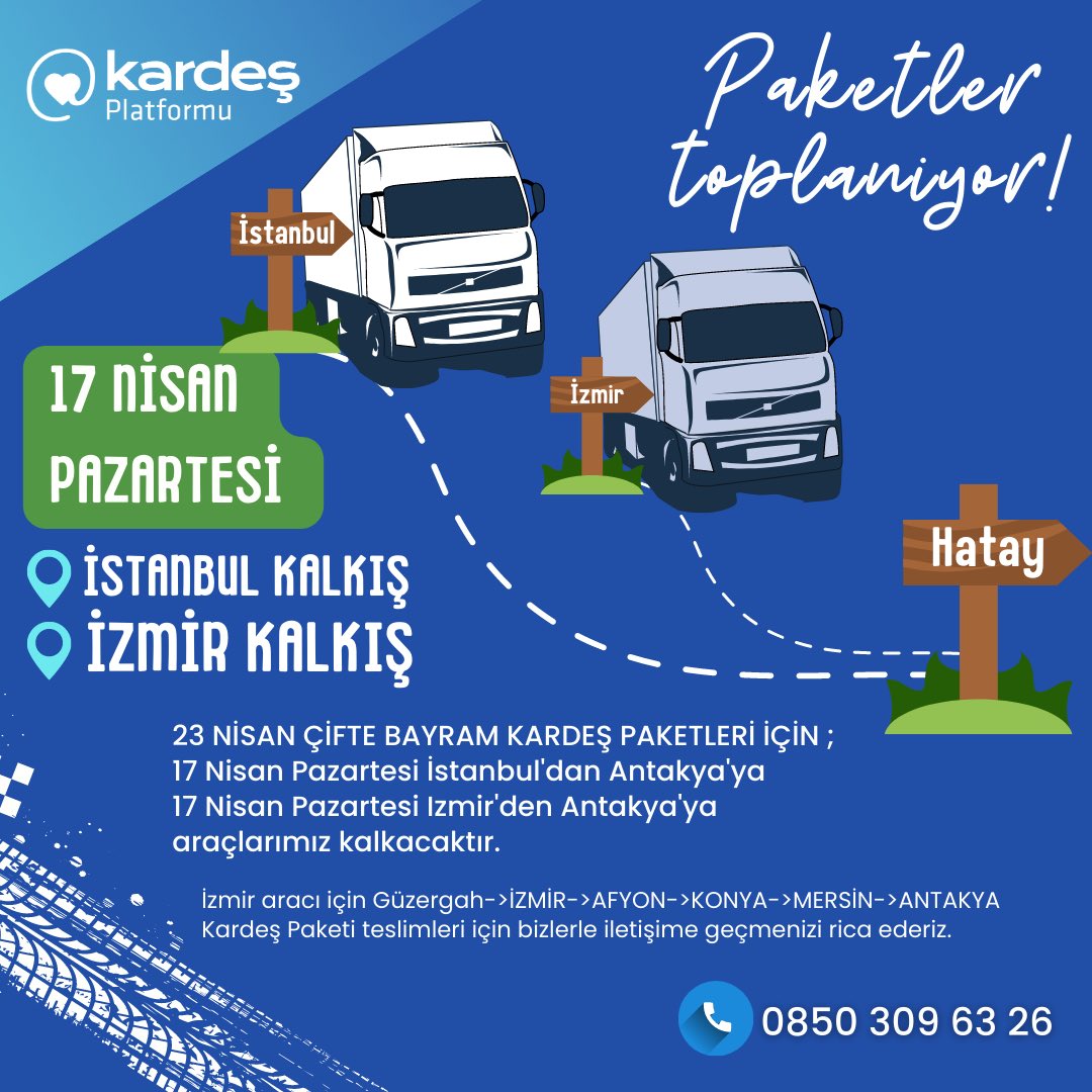 ⚠️⚠️⚠️ SON Çağrıdır! ⚠️⚠️⚠️ 
23 NİSAN ÇİFTE BAYRAM KARDEŞ PAKETLERİ İÇİN:
🔔 17 Nisan Pazartesi İstanbul'dan Antakya'ya
🔔 17 Nisan Pazartesi İzmir'den Antakya'ya araçlarımız kalkacaktır.
Detaylı Bilgi:
0850 309 63 26
23nisanciftebayram.org
linktr.ee/kardesplatformu
