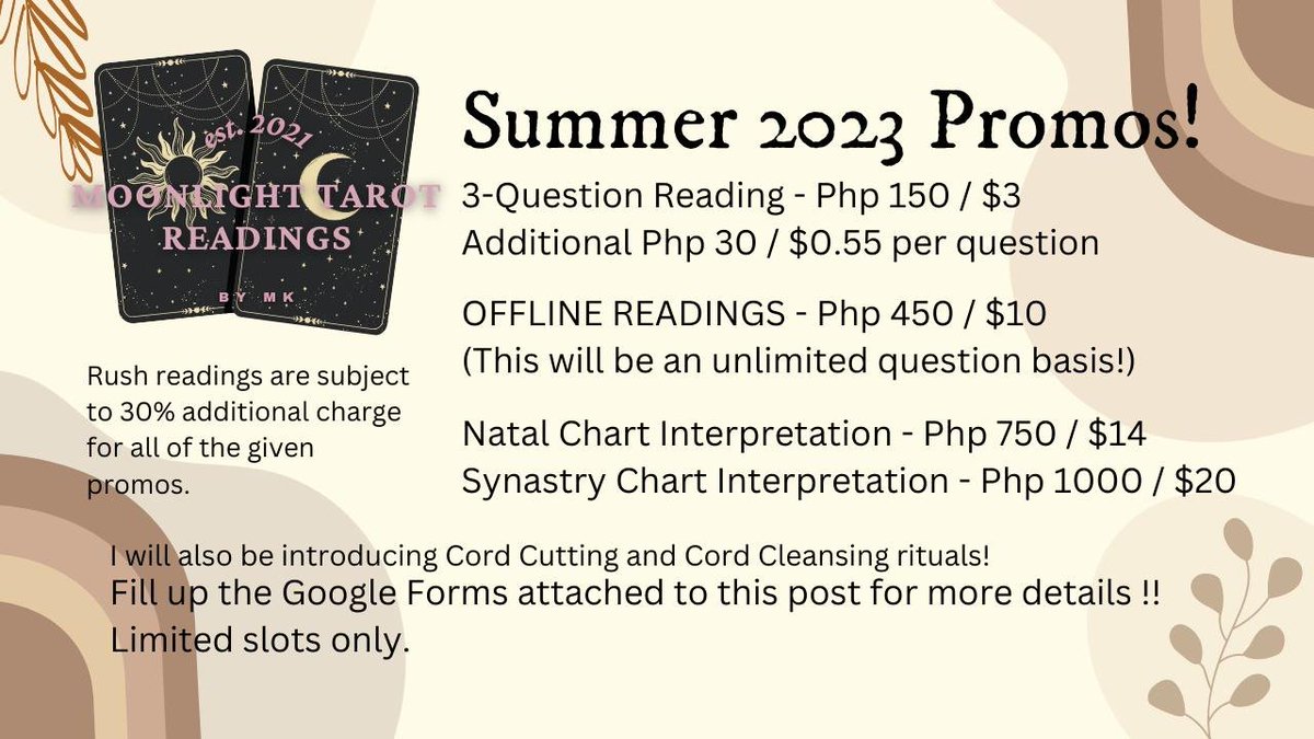 Hi, sizzums, it's me again :DDD
But this time I'll be introducing a promo for my tarot reading services, before I change my overall approach!
Limited slots only! #Tarot #TarotReading #Philippines #Astrology #NatalChart #CordCutting #CordCleansing
Form: forms.gle/awQyg7TqD4b3XT…