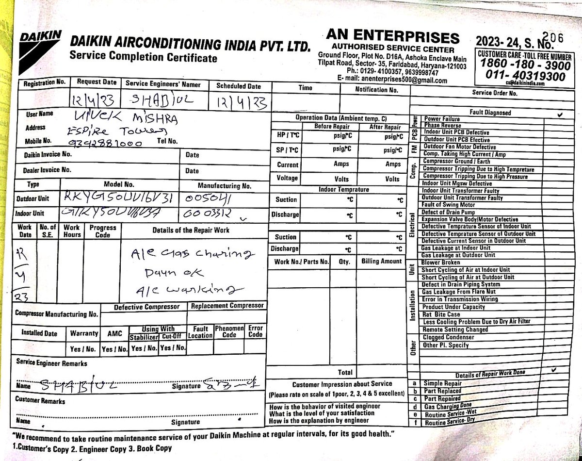 Vivek20011's tweet photo. Pathetic DAIKIN service. New inverter AC not repaired for 5 days. Complaint id- DEL1204202338367641.
Guys don't sell if you don't have Spare parts. @DaikinIndia https://t.co/pcyQI9eZ1a
