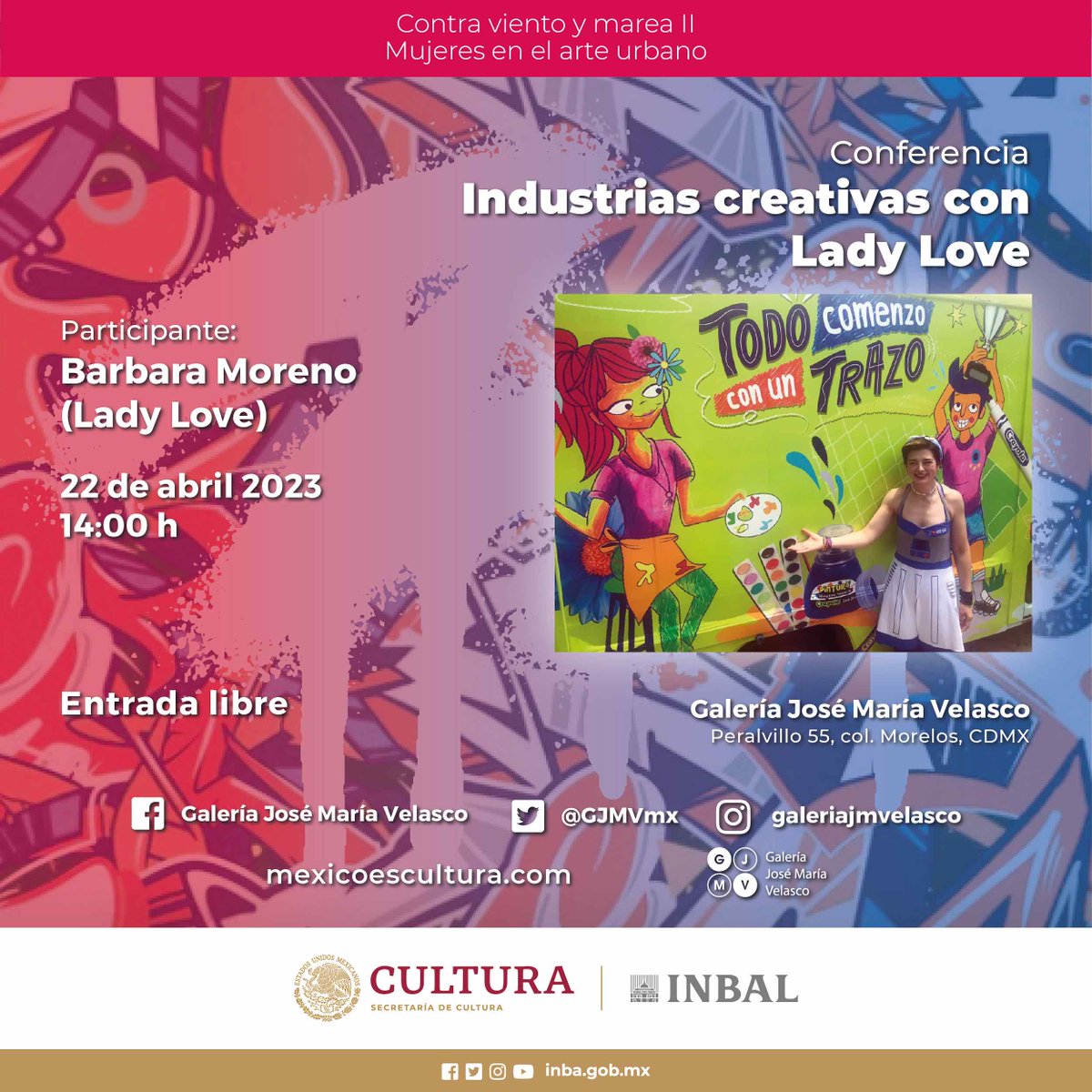 bellasartesinba's tweet photo. Explora los matices de la creatividad y descubre cómo el arte urbano es una manera de mostrar el alma y espíritu de una ciudad, con el ciclo de conferencias "Contra viento y marea ll. Mujeres en el arte urbano", de la @GJMVmx, recinto de la @redmuseosINBAL. https://t.co/NTthHOgLE7