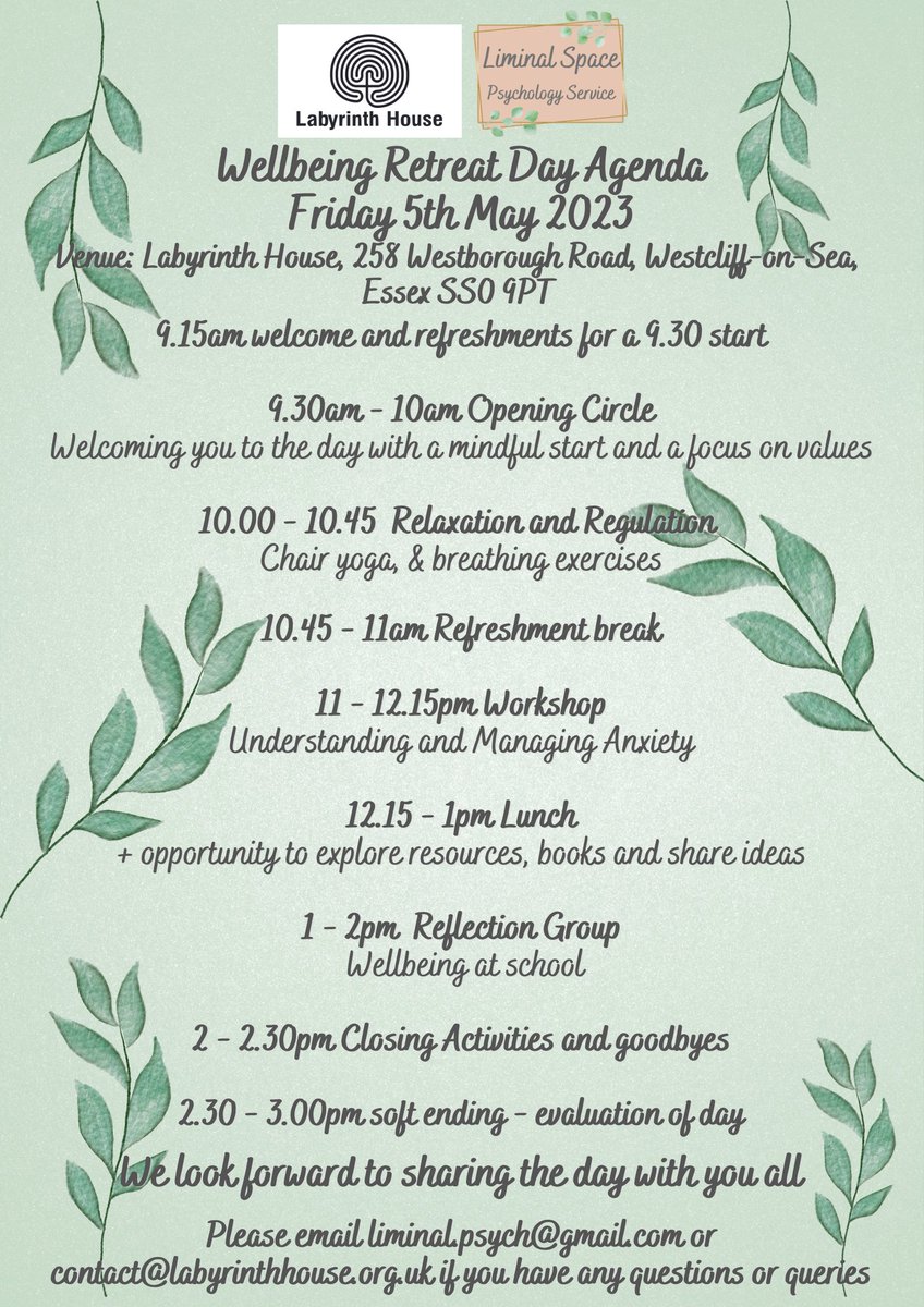 Excited to preview the #WellbeingRetreatDay agenda🌟
We believe supporting #wellbeing of #teachingstaff is vital &amp; has a positive effect on #pupilwellbeing 
Our pilot retreat days will offer #reflection #resources &amp; #relaxation 
Sign up here forms.gle/rygvfxnKo13QXu…