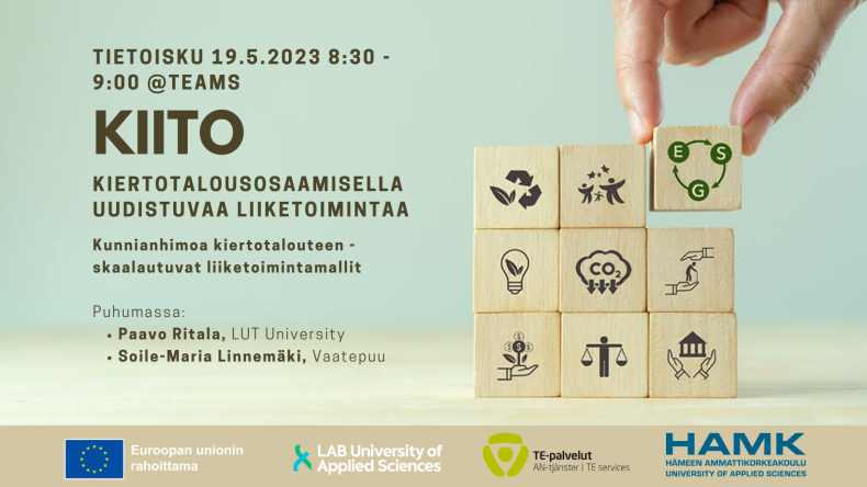 Kiertotaloudesta kiinnostuneet yrittäjät &amp; yritykset!

Tietoiskua kiertotalouden liiketoimintamalleista tarjolla 19.5. <a href="/LABfinland/">LABfinland</a> KIITO-hankkeen puitteissa.

Puhujina allekirjoittanut &amp; Soile-Maria Linnemäki <a href="/vaatepuu/">Vaatelainaamo Vaatepuu</a>:sta.

lab.fi/fi/tapahtumat/…

<a href="/UniLUT/">LUT University 🚀</a> #LUTbiz #kiertotalous