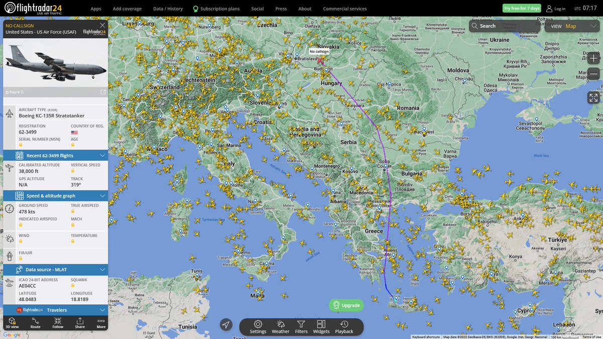 AIYeyENGDdJkjTr's tweet image. Apr 16, 2023
#Souda Bay NSA #RAF Mildenhall 

#RCH61 / #NoCALLSIGN #AE04CC USAF KC-135R Stratotanker
