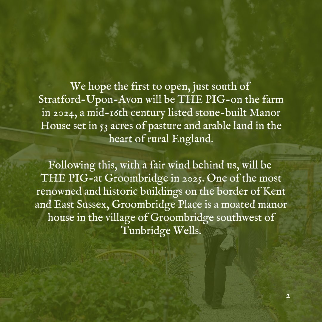 The_Pig_Hotel's tweet photo. BIG PIG news🐖 We will be opening two new PIGs (subject to all planning and listed building permissions)!

🌱 THE PIG-on the farm, Stratford-Upon-Avon, 2024
🌱 THE PIG-at Groombridge, Tunbridge Wells, 2025

Sign up to stay up to date on all things PIG: https://t.co/AQ9Hcm7upP https://t.co/tp29kkKZa6
