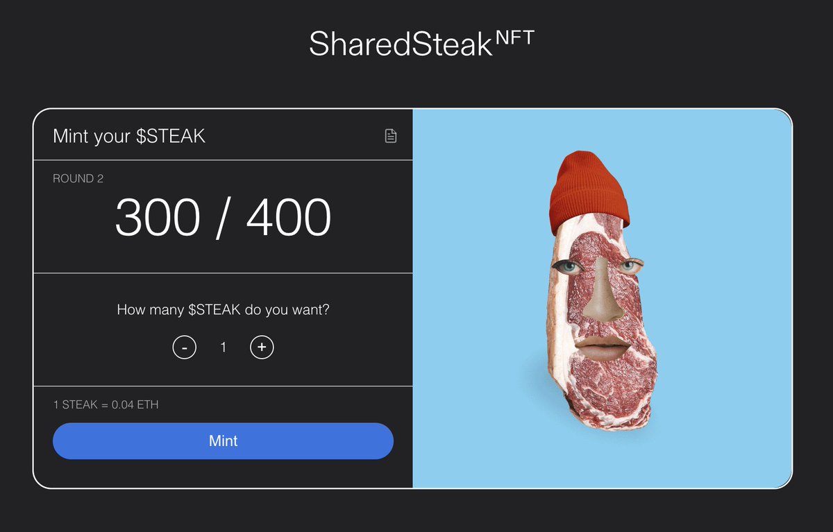Round 2 of #SharedSteakNFT 🥩 is almost sold out!
🔥🔥Only 100 left!🔥🔥

Grab yours before they are gone! 
#NFT #NFTCommunity #NFTArt #NFTdrop <a href="/SharedStakeNews/">SharedStake</a> 

🥩 Mint → app.passch.com
📄 Story → link.medium.com/VEN5pUA7Jyb
🖼️ How to → link.medium.com/QXOT6RC7Jyb
