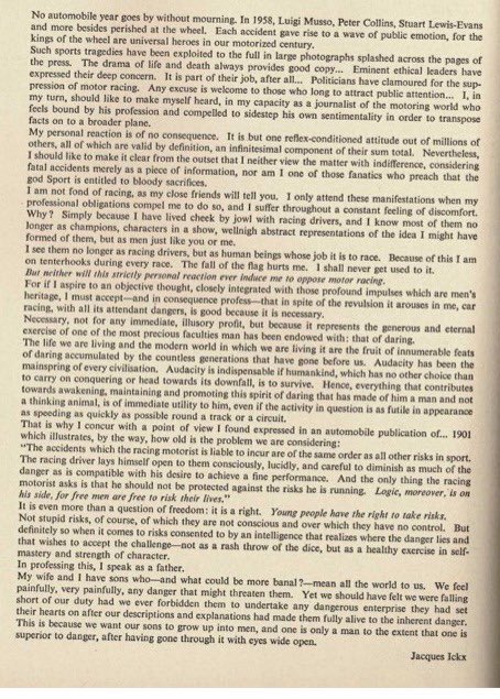 RacingLines's tweet photo. In a week during which the motorsport world mourns the tragic death of #CraigBreen I was  sent this, written in 1958 by Jacques Ickx for Automobile Year. Significantly, at the time son Jacky (13) had not started racing.

Title: Free men are free to take risks. https://t.co/BAWDyHzSx7