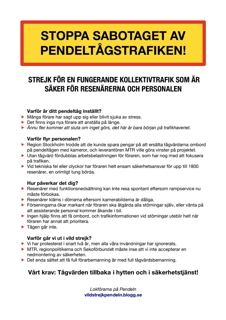 Stöd lokförarnas strejk!
Swisha strejkkassan med "tågvärd" på 1236992952.
Det är dags för de styrande att lyssna på personalen.
För en fungerande och säker kollektivtrafik för resenärer och personal.
