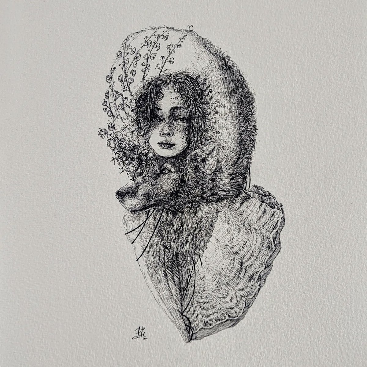 Girl with flowers in her hair,
Wolf hugs her with gentle care.
In springtime's glow, they dance with glee, a moment pure and wild and free.

(ink muji pens 0.25 and 0.38,
watercolor paper 23×31cm)
#fantasyart #surrealism #inkart  #illustration #magicart #penandink #dreamworld
