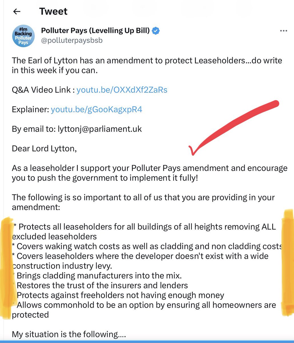 The Earl Of Lytton’s amendment will #PROTECT All #leaseholders for #buildings of ALL heights. Cover #wakingwatch £, #cladding & non cladding £.⭐️ Cover LHs where developer doesn’t exist with a wide #constructionlevy.⭐️Bring #claddingmanufacturers into the mix & MORE. Email now 👍