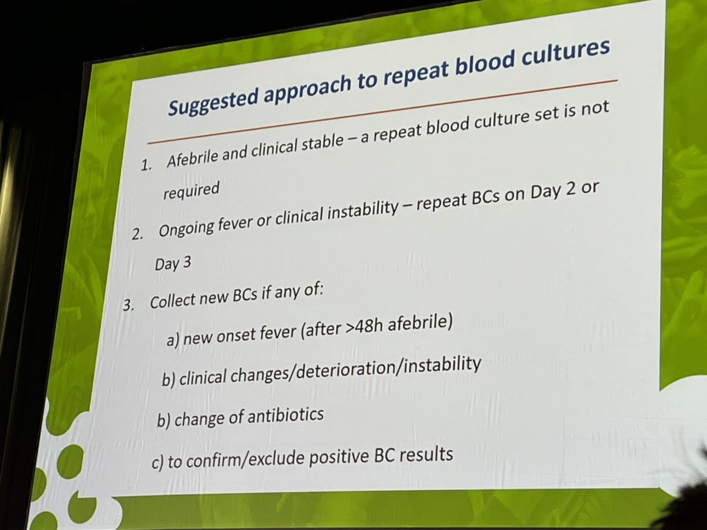 Have a patient w/ persistent neutropenic fever? ⬆️ the diagnostic yield of blood cultures by obtaining when 1 of the following is present

🤒 New onset fever
📉 Clinical instability
💊 Change of abx 
🩸 To confirm/exclude positive bcx

#ECCMID23 #IDTwitter