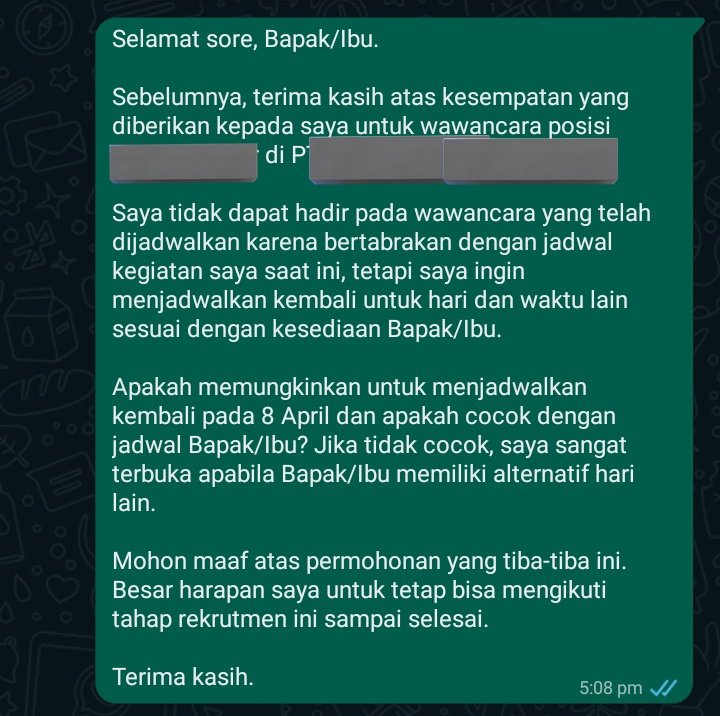 soursadlys's tweet photo. @worksfess ak kmren ijin reschedule bgini, lgsg ak ksh alasannya knp (ak jg msh kerja di perusahaan lain), jd ga ditanya lagi dan btw bisa reschedule sesuai tgl yg aku tulis. https://t.co/MUyhOefWuc