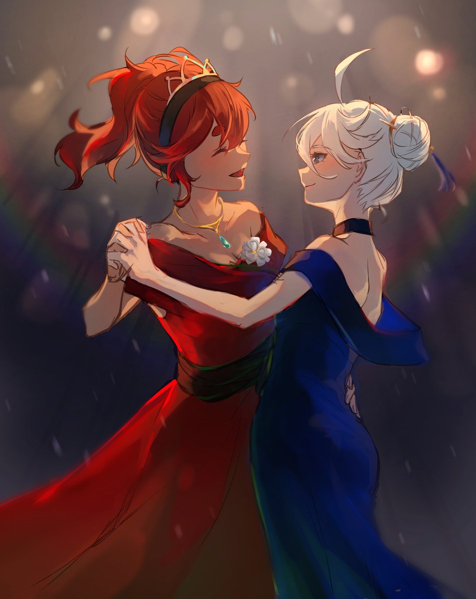 miorine rembran ,suletta mercury dancing multiple girls 2girls yuri holding hands dress red hair  illustration images