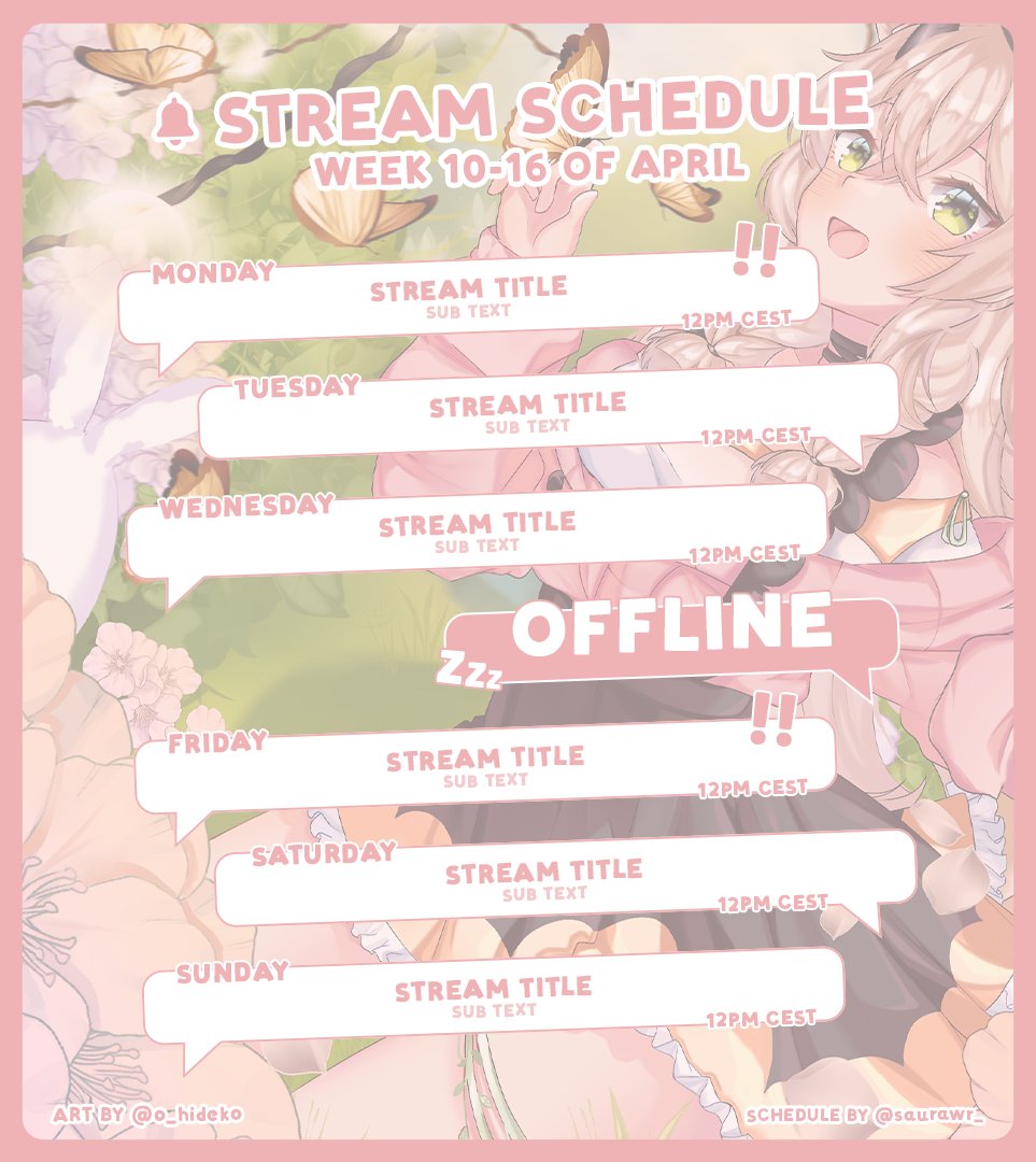 saurawr_'s tweet image. F2U VTuber schedule ・ You've got a message! 💗🌸
It's been a while since I've made a free to use, so please enjoy this mini schedule! You can change it's colors, light and dark mode available.
Download link below! ↷
#VtuberSupport #VTuberAssets #freeVTuberAssets #VTuberEN