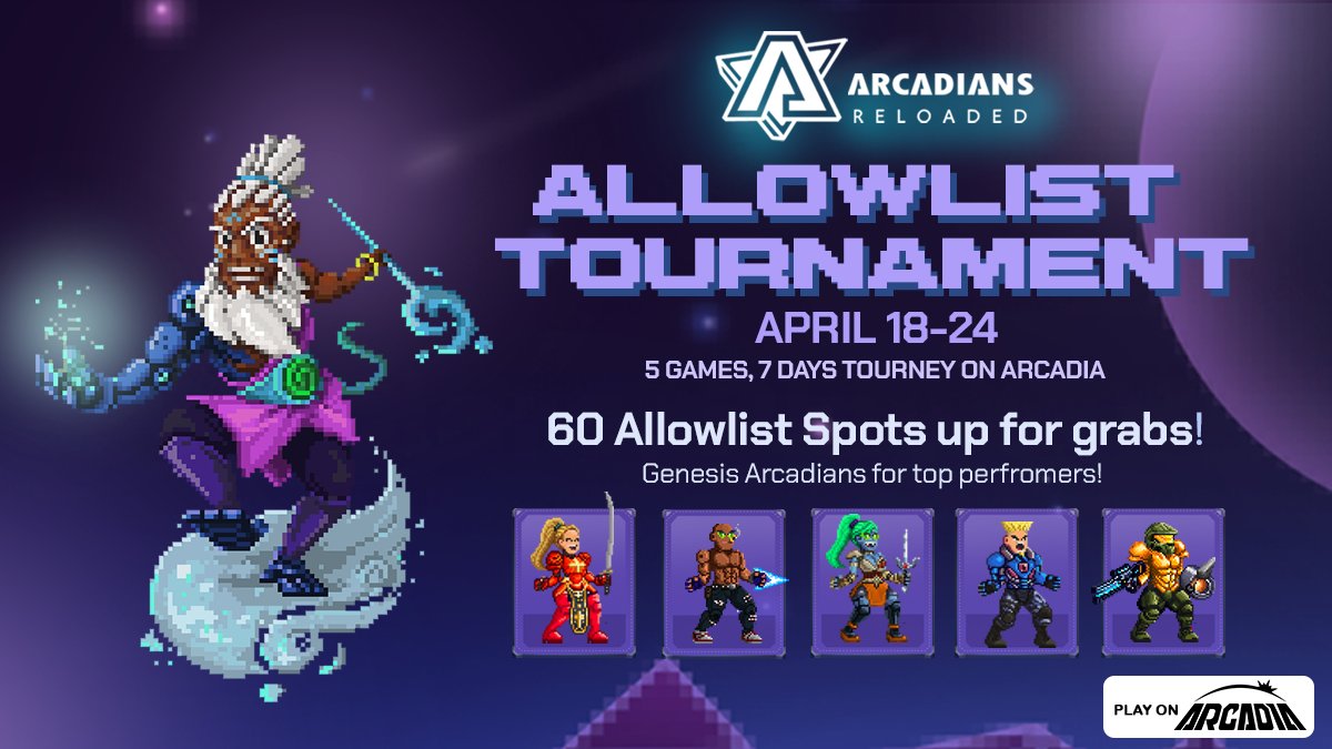 Arcadians:Reloaded Allowlist Tournament commencing! 

From April 18 to April 24, we're giving away 60 AL spots during this tourney 🎉

Plus, top scorers will get a chance to win Genesis Arcadians 🏆

More info in our Discord!

Join now: discord.gg/arcadia-fun⭐