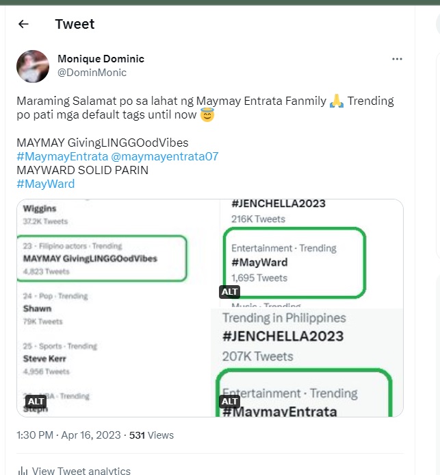 DominMonic's tweet photo. @Bingkay84 @ASAPOfficial @maymayentrata07 @Barber_Edward_ In addition, MAYWARD SOLID PARIN tag trended during the duration of #ASAPicons episode including the default tag of #MayWard along with the MAYMAY GivingLINGGOodVibes and #MaymayEntrata tags din po 😇 https://t.co/vCCP3z2Tej