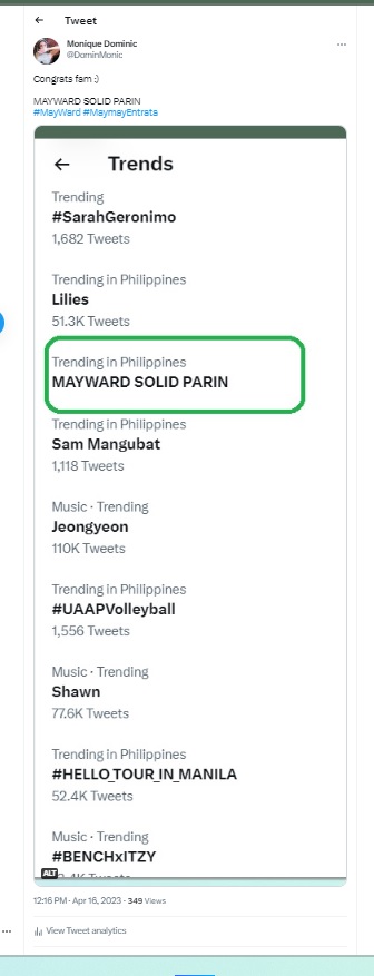 DominMonic's tweet photo. @Bingkay84 @ASAPOfficial @maymayentrata07 @Barber_Edward_ In addition, MAYWARD SOLID PARIN tag trended during the duration of #ASAPicons episode including the default tag of #MayWard along with the MAYMAY GivingLINGGOodVibes and #MaymayEntrata tags din po 😇 https://t.co/vCCP3z2Tej