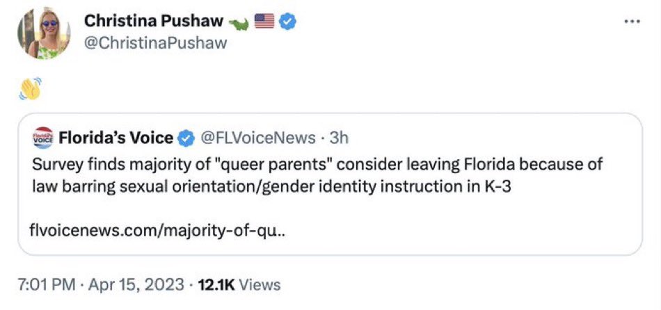 tomaskenn's tweet photo. Ron DeSantis’ press secretary, who gets paid six figures by taxpayers to tweet  misinformation all day, is cheering LGBTQ parents leaving Florida. These people are hateful bigots and they aren’t even trying to hide it. https://t.co/Mn0FlRwsLQ