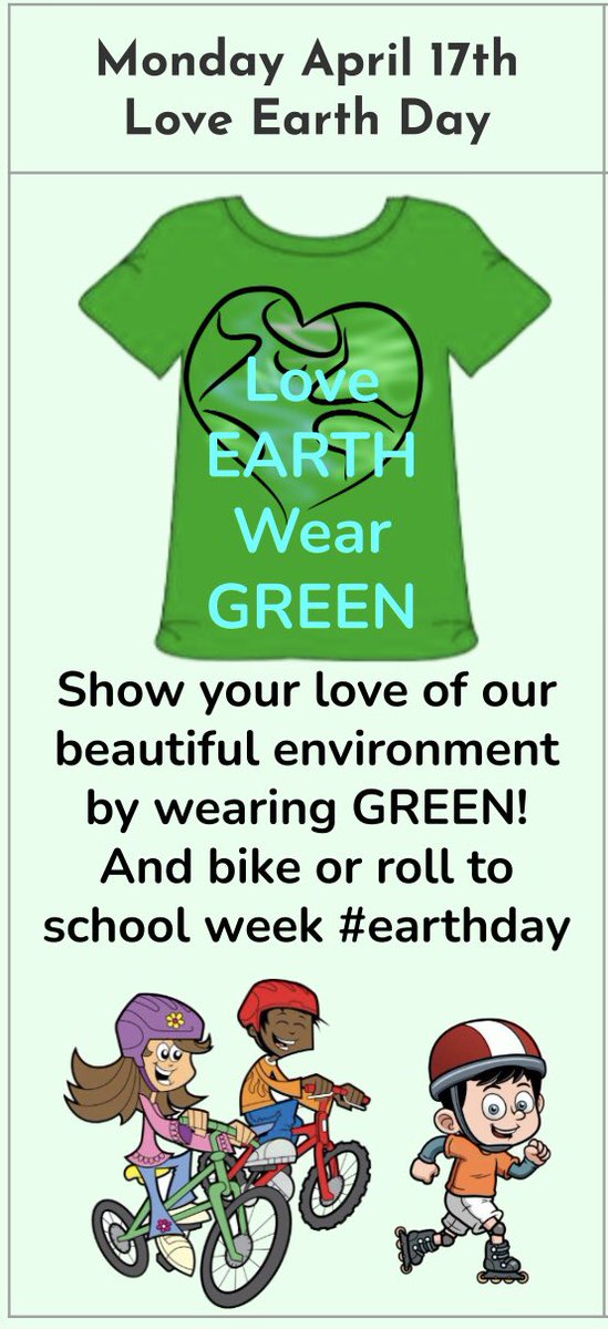 <a href="/DPCDSB_BFA/">Bishop Francis Allen DPCDSB</a> let’s start the #EarthSpiritWeek tomorrow showing our #LoveEarthDay by wearing green 💚, pack a meatless lunch🥙 and bike or roll to school 🚲🛼 <a href="/EcoSchoolsCAN/">EcoSchools Canada</a>  <a href="/DP_EcoSchools/">@DP_EcoSchools</a> <a href="/DPCDSBSchools/">Dufferin-Peel Catholic District School Board</a> <a href="/OnEcoHealth/">EcoHealth Ontario</a> <a href="/EarthRangers/">Earth Rangers/Éco Héros 🐸🌎</a>