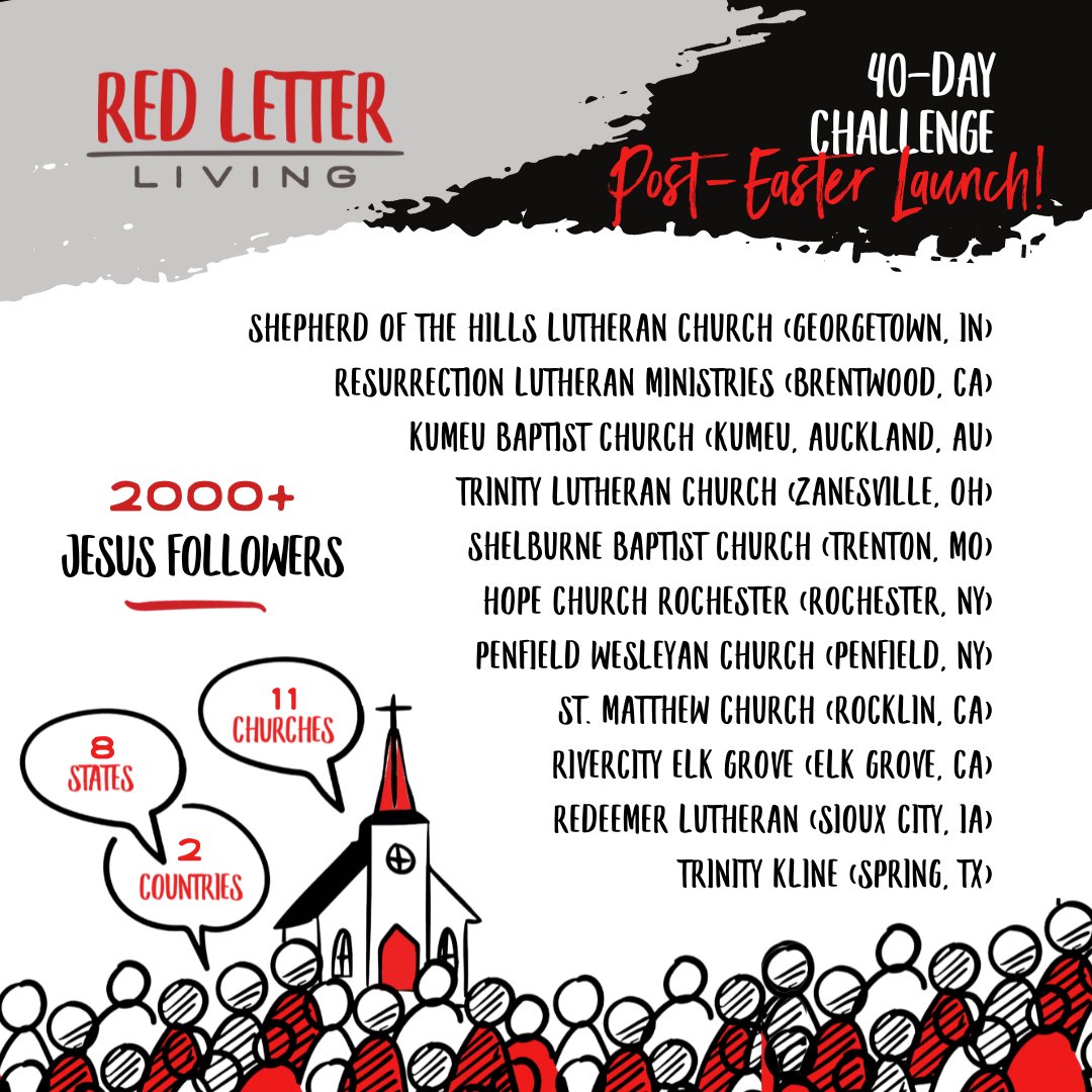 RLC_40's tweet photo. We are praising the Lord and celebrating a movement of Jesus-followers! Every day for the next 40 days, over 2000+ people will take intentional, daily steps to become greater disciples. Would you pray for them too? #redletterchallenge #beingchallenge #forgivingchallenge https://t.co/L0QfTANFex